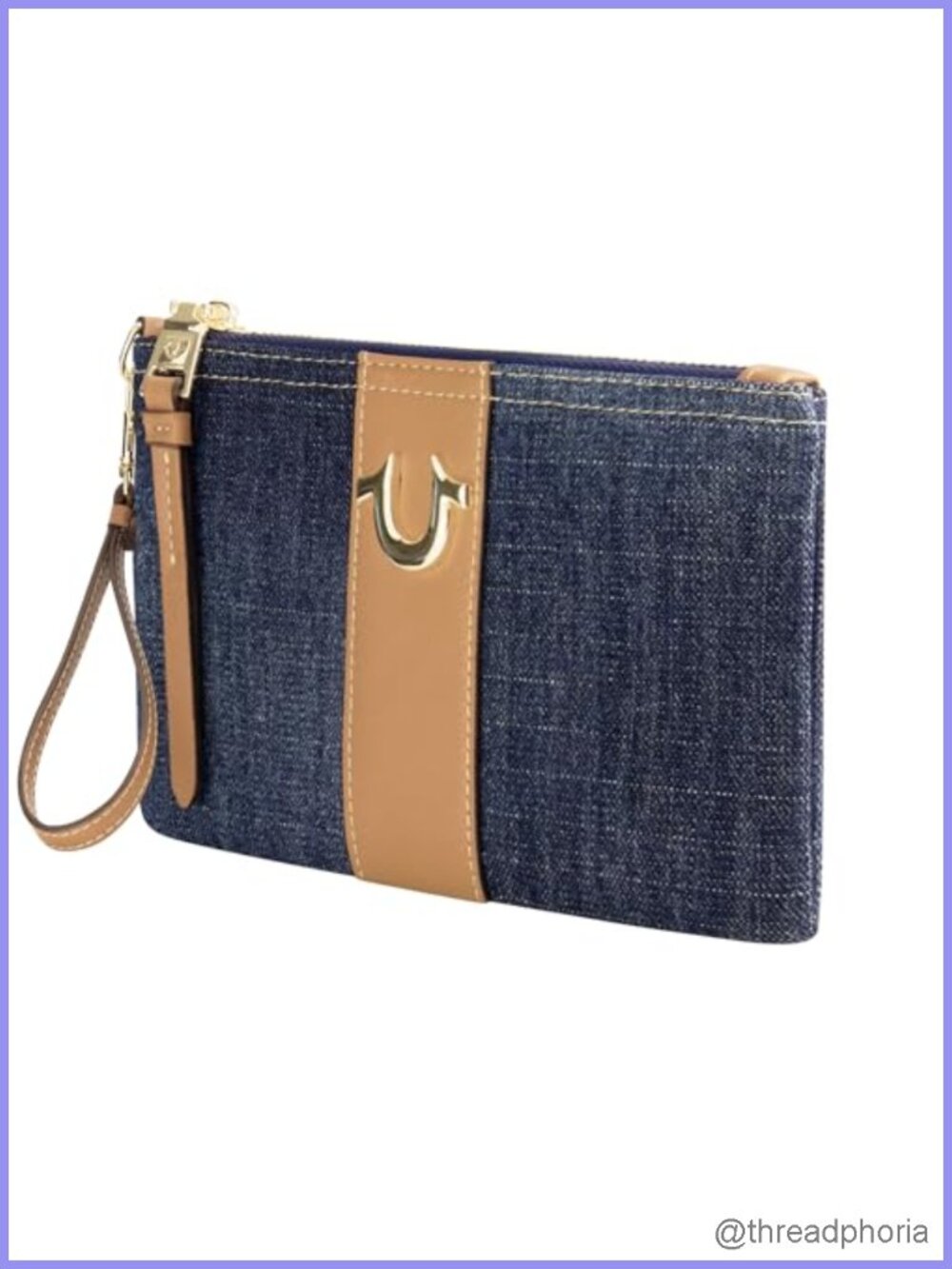 Denim Wristlet Clutch Pouch with Faux Leather Trim, Detachable Wrist Strap